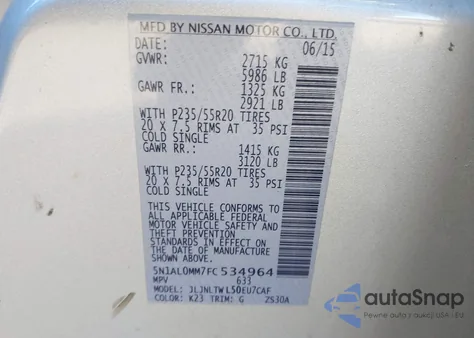 2015 Infiniti Qx60 z USA, uszkodzony, nr VIN 5N1AL0MM7FC534964